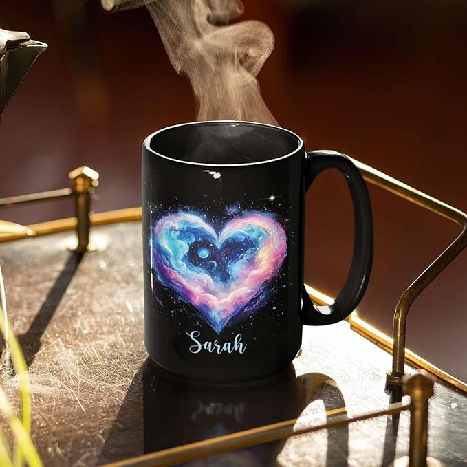 Personalized Love Heart Ceramic Mug, Custom Name Black Cup 11oz Or 15oz, Customized Celestial Themed Coffee Mug, Valentine's Day Themed Keepsake Cup, Gift For Him Her, Heart Mug-Ruum Studio Home