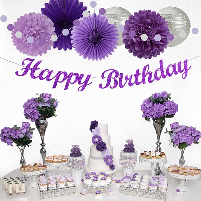 Purple Silver Birthday Party-Decorations Paper-Flowers - 14pcs Happy Banner Lavender Lanterns Tissue Pom Poms,Lilac Streamers Garland Fans,Women Girls Adult Kids Office Hanging Supplies Decor Hugfond-Ruum Studio Home