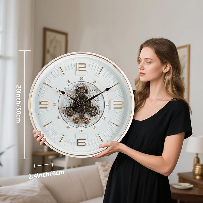 Maxstar Large Vintage Moving Gear Wall Clock, 20''Battery Operated Industrial Steampunk Metal Decor for Living Room, Office,Fireplace, Farmhouse(Arabic Number-Platinum Coating)-Ruum Studio Home