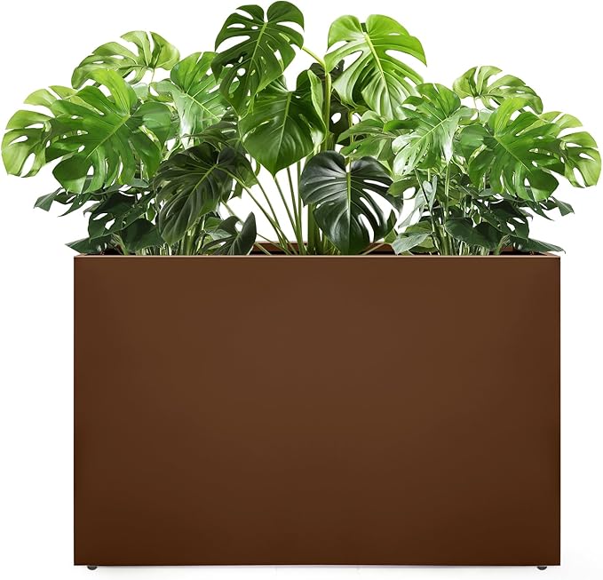 Galvanized Steel Planter Box-No Installation Required Metal Rectangular Block Long Box Planter Modern Outdoor Planters All-Weather Use with Drainage Holes for Patio/Porch, 36×24×12IN（Brown）-Ruum Studio Home