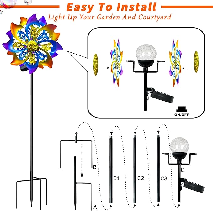 60 Inch Solar Wind Spinner Outdoor - Double-Sided Rotating Colorful Kinetic Wind Spinners for Garden, Yard Decorations Outdoor,Metal Wind Sculptures & Spinners, Wind Art-Ruum Studio Home