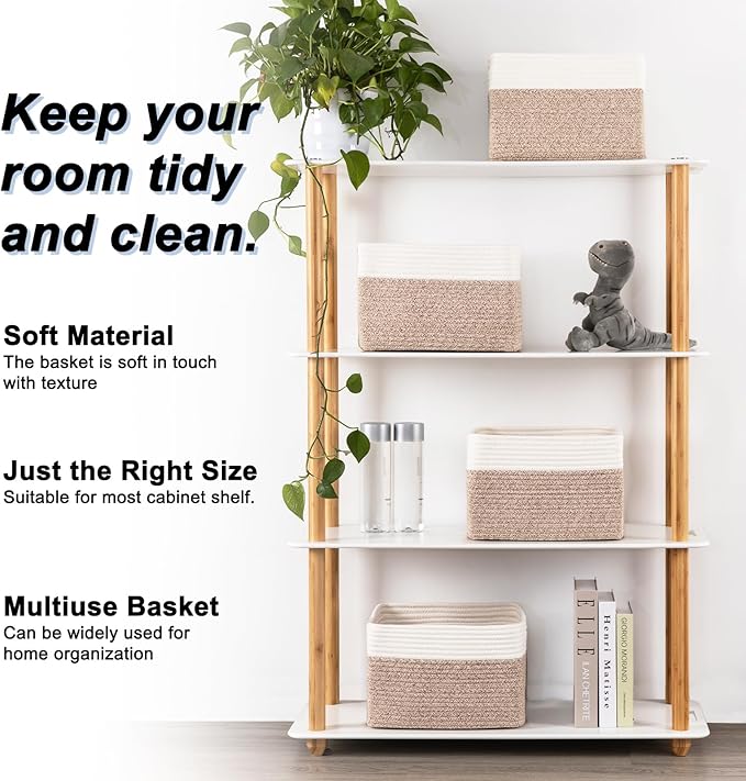 4 Pack Storage Baskets for Organizing, Woven Baskets for Shelves - Perfect for Toys, Books, Towels, and Clothes, Durable Gift Basket Bins Toy Storage, 12.7''Lx9''Wx7.8''H, Brown & White-Ruum Studio Home