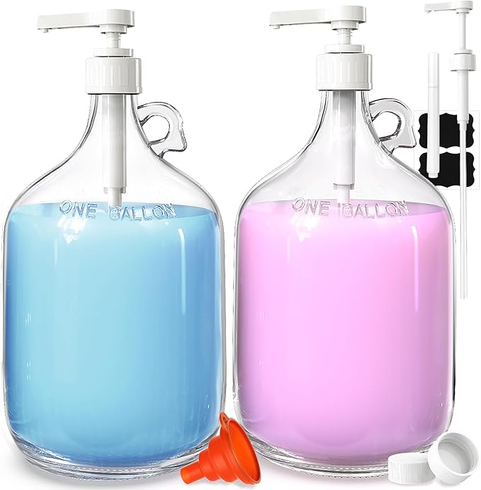 2 Pack Gallon Glass Pump Bottle Dispensers with 3 Pumps and 2 Airtight Lids, Laundry Soap Dispensers with 1 Funnel, Liquid Laundry Detergent Dispensers for Fabric Softener, Shampoo, Body Wash-Ruum Studio Home