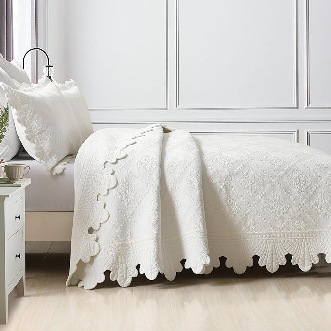 MarCielo 3-Piece 100% Cotton Oversized Bedspread Lightweight Quilt Coverlet Embroidery Farmhouse Bedding Set (TK White, Oversized King (118"x106"))-Ruum Studio Home