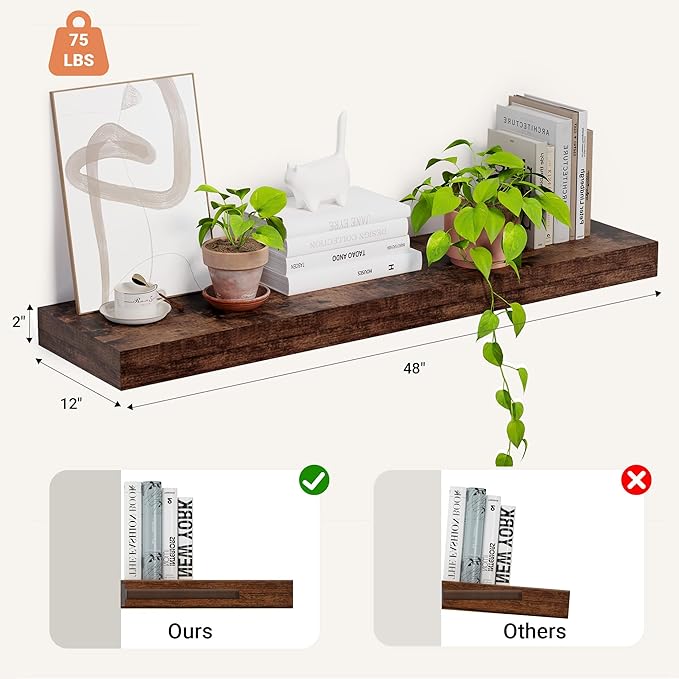 Heimlove 12 Inch Deep Floating Shelves, 48 x 12 inches Long, Large Display & Storage Shelf, Rustic Wood Wall Shelves for Fireplace Mantel, Set of 1(Rustic Brown)-Ruum Studio Home