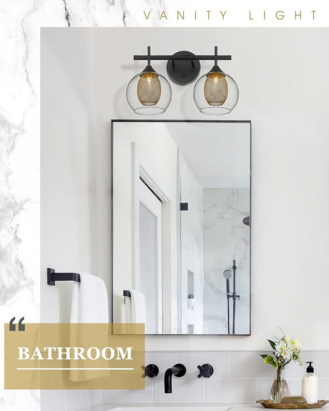 Black and Gold Bathroom Light Fixture, Farmhouse Wall Sconce Lighting with Clear Glass and Honeycomb Metal Shade, 2-Light Black Brass Vanity Light Over Mirror, AD-22001-2W-BK-Ruum Studio Home