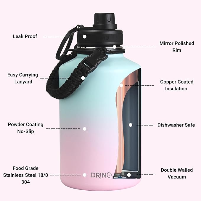 DRINCO Stainless Steel Water Bottle Spout Lid Vacuum Insulated Double Wall Water Bottle Wide Mouth (64oz 40oz 32oz 22oz 18oz 14oz) Leak Proof Keep Cold Sport Camping Hiking (64 oz, 64oz Macaron)-Ruum Studio Home