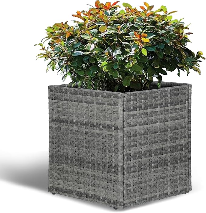 LEWIS&WAYNE Large Square Planter Box Handmade Wicker Tall Planters for Outdoor Plants with Removable Liners Modern Planter for Indoor Outdoor Garden Patio Front Porch - Gray, 17''x17''x18''-Ruum Studio Home