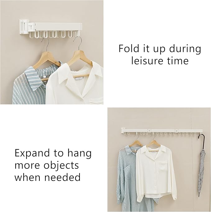 Clothes Drying Rack Wall Mounted, Laundry Drying Rack Collapsible, Space Saving Wall Drying Rack Clothing Foldable, Tri-Fold Retractable Rack Outdoor Indoor with 18 Hooks(White，Loop-Shape Hooks)-Ruum Studio Home