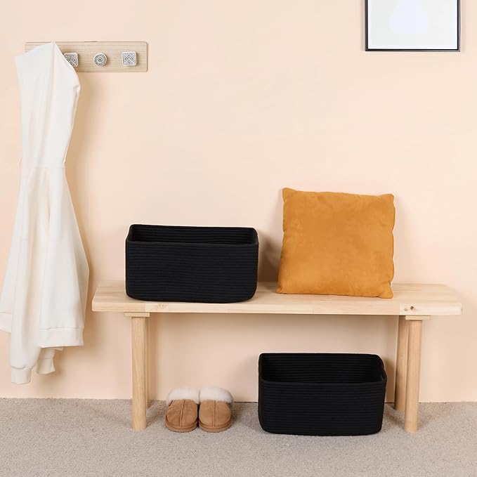 Large Storage Baskets for Organizing, Closet Shelf Baskets for Clothes Blanket Towels, Baby Nursery, Toy Bins Box, Woven Rope Baskets, 17 x 13 x 7.5”, 4 Packs Black-Ruum Studio Home
