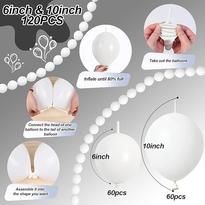 White Quick Link Balloons, 120PCS Linking Balloons for Making Balloon Wall Balloon Arch Balloon Chains, Pearl Balloons for Wedding Birthday Baby Shower Graduation Grad Party Decorations (6+10inch)-Ruum Studio Home