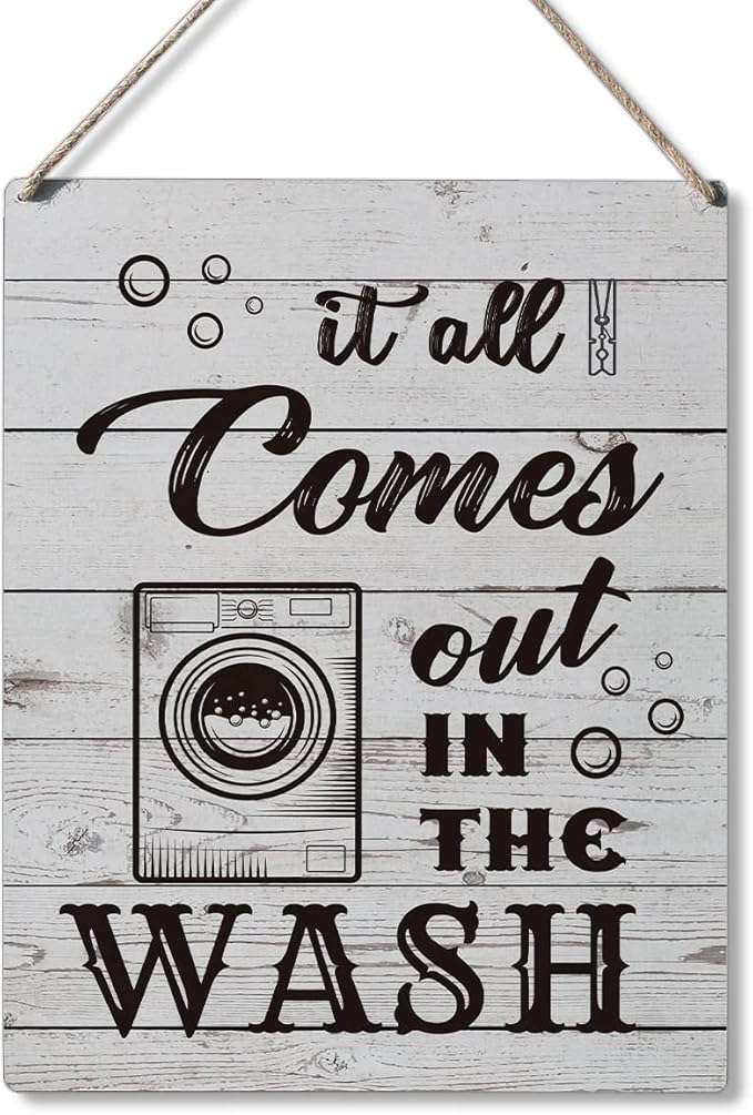 Qious Laundry Sign Gift Farmhouse It All Comes Out in the Wash Wooden Hanging Sign Plaque Rustic Wall Art Decor for Home Laundry Decoration 10 x 8 Inches-Ruum Studio Home