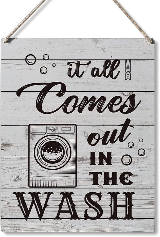 Qious Laundry Sign Gift Farmhouse It All Comes Out in the Wash Wooden Hanging Sign Plaque Rustic Wall Art Decor for Home Laundry Decoration 10 x 8 Inches-Ruum Studio Home
