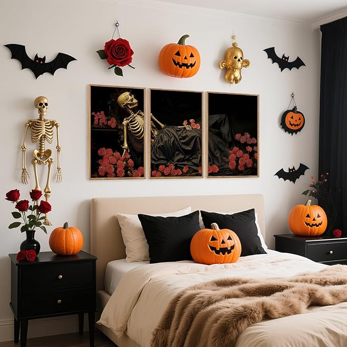Aurlan Gothic Skeleton Roses Framed Wall Art(16"x24"), 3PCS Romantic Halloween Skull Flowers Canvas Artwork, Dark Moody Goth Mystical Creepy Decor for Home Office Bedroom-Ruum Studio Home