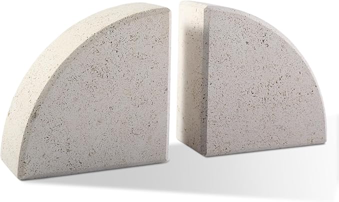 Marble Bookend for Shelves, Non-Skid Bookends for Heavy Books, Heavy Duty Book Stopper for CDs, Luxury Book Shelf Holder, Quarter Circle Design Book Ends Decorative, Moleanos Beige, Set of 2-Ruum Studio Home