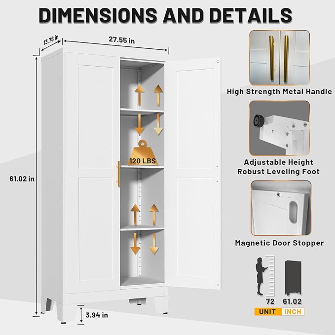 White Metal Kitchen Storage Cabinet, Kitchen Pantry Storage Cabinet with Doors and Shelves, Storage Cabinet with Adjustable Leveling Foot for Kitchen, Living Room and Dining Room. 61" H-Ruum Studio Home