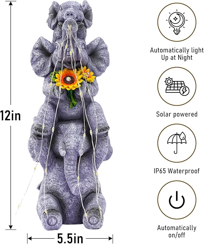 Solar Garden Decor Elephant Statue Outdoor, Luck Triple Elephant Decorations for Yard Porch Lawn Patio - Ideal Gifts for Women Mom Grandma Senior Elder or Birthdays 12"-Ruum Studio Home
