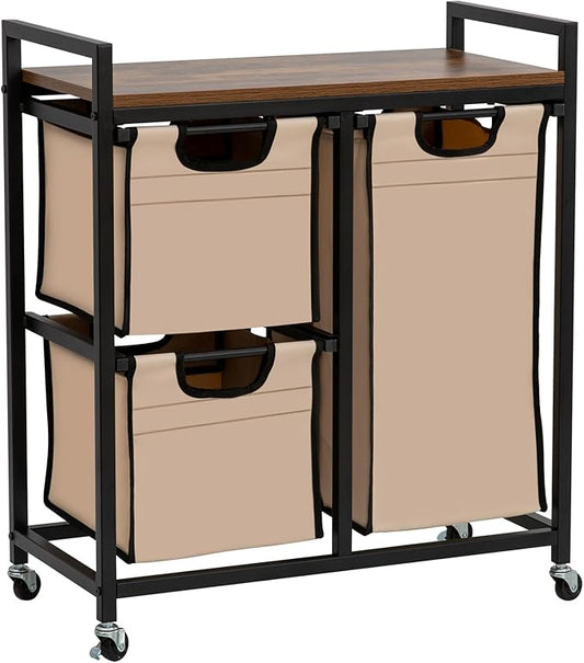 Laundry Basket Organizer - Hampers with 3 Compartments, Sliding Laundry Sorter Bags, Top Storage Shelf, Metal Frame-Ruum Studio Home