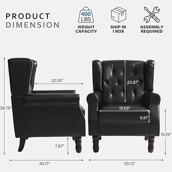 High Back Accent Chair,Upholstered Faux Leather Wingback Armchair with Solid Wood Legs for Small Spaces,Comfy Single Sofa Chair for Living Room,Bedroom,Office-Black-Ruum Studio Home