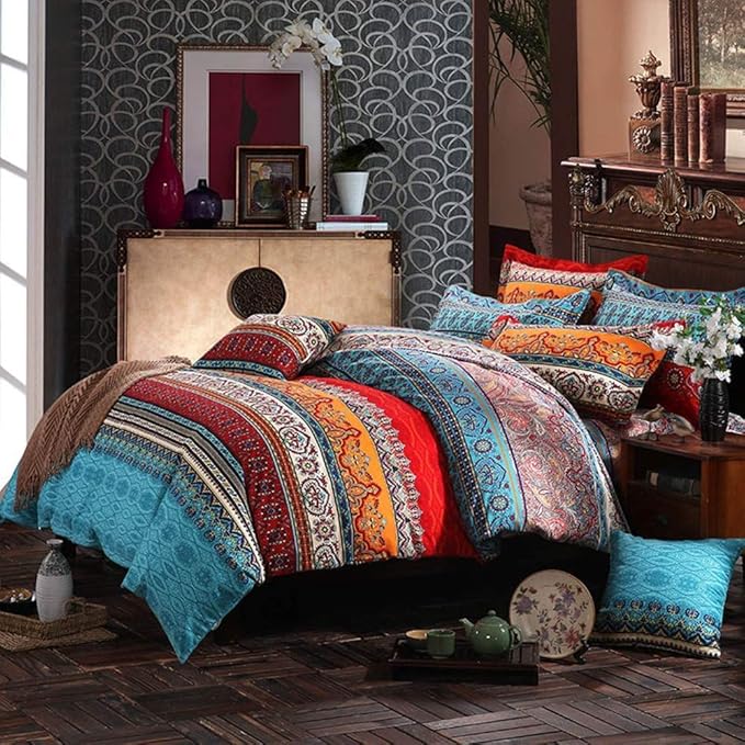 ABREEZE 3Pcs Bohemia Retro Bedding Ethnic Vintage Floral Duvet Cover Boho Bedding 100% Brushed Cotton Bedding Sets Damask Paisley Coloful Mandala Down Comforter Cover,Twin-Ruum Studio Home