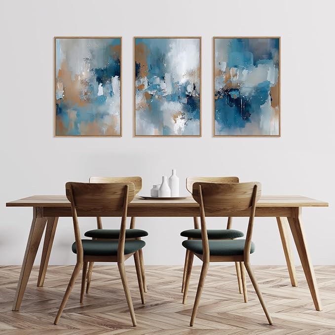 HLNIUC Large Blue Abstract Framed Canvas Wall Art,Blue and Brown Brush Strokes Wall Decor Set of 3(16”x24”)Neutral Modern Wall Painting,Watercolor Minimalist Abstract Art Print for Living Room,Bedroom-Ruum Studio Home