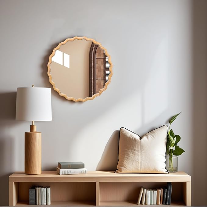 Wavy Mirror 27.5x27.5 Inch, Decorative Bathroom Mirror with Natural Wood Frame, Entry Way Mirrors for Wall, Shatterproof Glass, Mirrors for Wall Decor-Ruum Studio Home