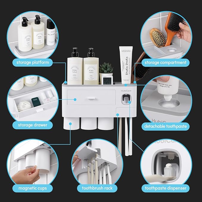 HubiCare Toothbrush Holder with Toothpaste Dispenser Wall Mounted for Bathroom, Automatic Toothpaste Squeezer, Bathroom Organization and Storage, 5 Toothbrush Slots (3 Cups)-Ruum Studio Home