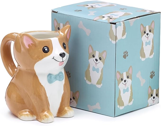 Burton Corgi Coffee Mug with Gift Box, Brown Porcelain Ceramic Cup with Handle, 10 oz Capacity-Ruum Studio Home