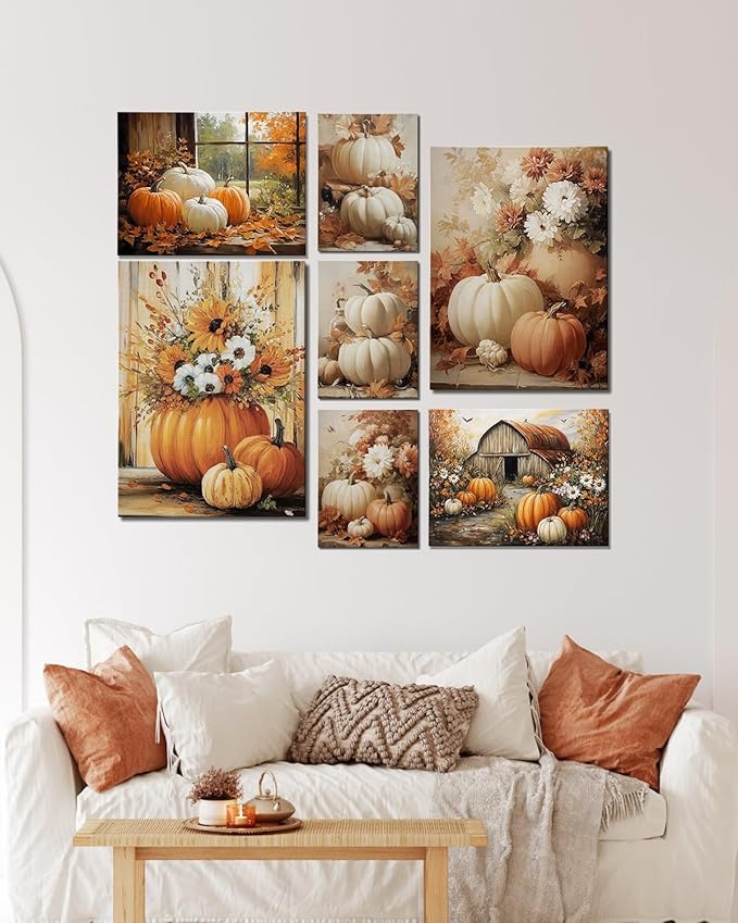 Vintage Pumpkin Window Fall Wall Art Decor, Farmhouse Barn Canvas Print with Autumn Harvest Theme, Framed Thanksgiving Decorations for Country Home, Ready to Hang-Ruum Studio Home