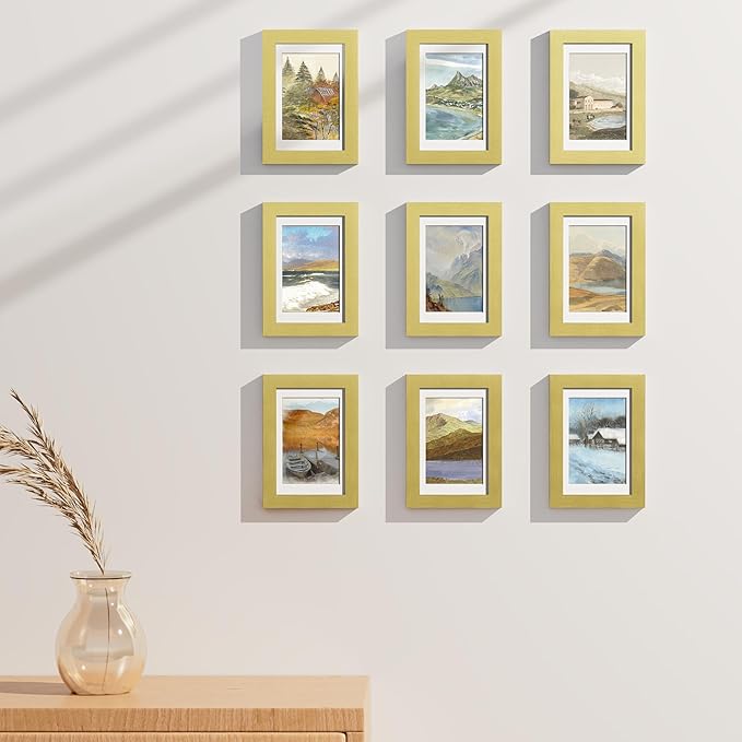 Vittanly 4x6 Picture Frames Set of 9, Shatter Resistant Plexiglass, Display 3.5x5 Pictures with Mat or 4x6 without Mat, Photo Frames for Wall or Tabletop, Engineered Wood, Gold-Ruum Studio Home