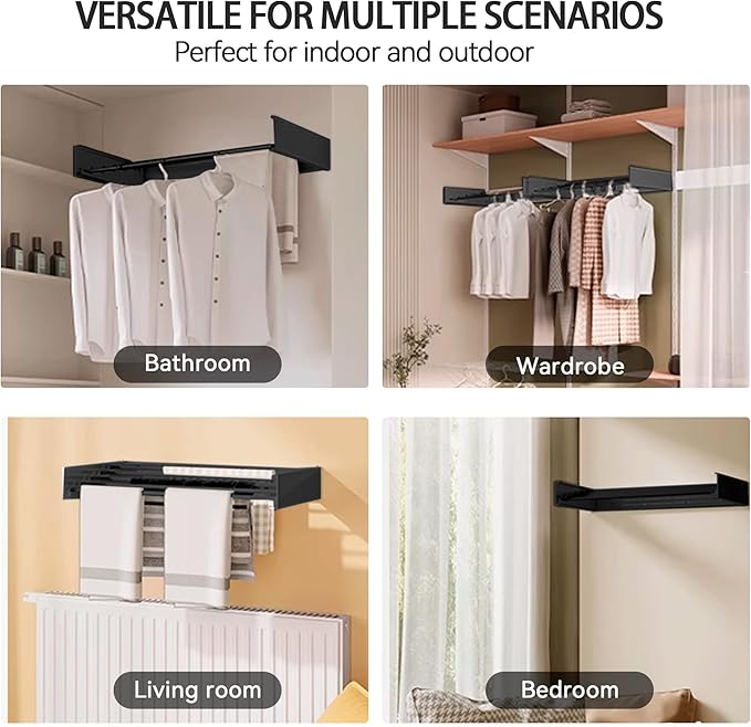 FOCHIER F Laundry Drying Rack Wall Mounted Clothes Drying Rack Collapsible with 5 Aluminum Rods and Drilling Template Long Screwdriver Bit 60 lbs Capacity (Black, 23.6“)-Ruum Studio Home