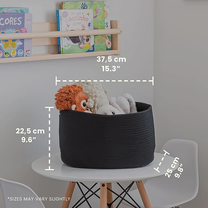 OrganiHaus Woven Storage Baskets for Organizing, Cotton Rope Organizer Bins for Shelves, Closet & Nursery, Dog Toy Basket, Decorative Bins for Toys, Towels & Books - 15x10x9, Black-Ruum Studio Home