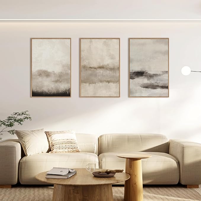 HPINUB Large Abstract Framed Canvas Wall Art Set,Minimalist Beige Gray Pastel Watercolor Wall Decor,Modern Illustration Neutral Art Painting for Living Room,Bedroom,Dining Room,Office -24"x36"x3-Ruum Studio Home