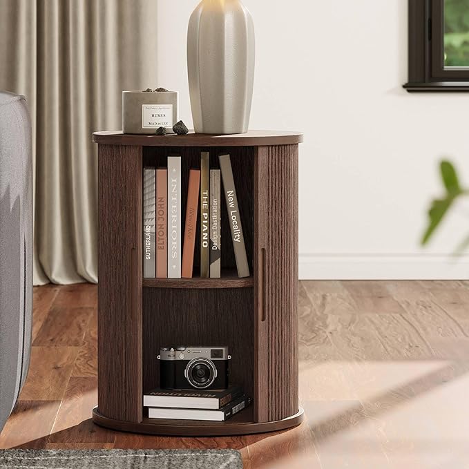 LINSY HOME Round Fluted End Table, Tall Side Table with Sliding Tambour Door and Storage Shelf, Modern Bedside Table, Mid-Century Nightstand for Living Room, Bedroom, Walnut-Ruum Studio Home