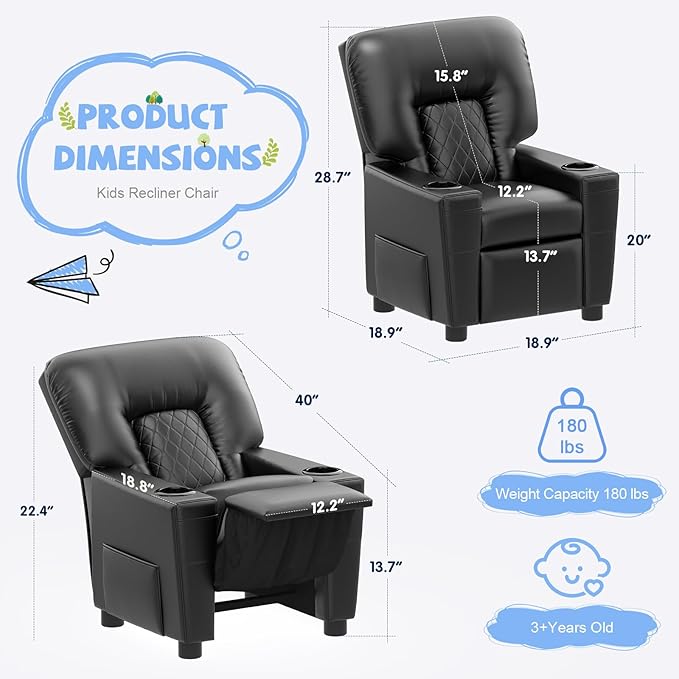 Kids Recliner Chair, Leather Push Back Kids Reclining Chair with Cup Holders & Side Pockets, Safety Adjustable Footrest Toddler Recliner for Age 3+, Kid Recliners for Girls Boys, Black-Ruum Studio Home