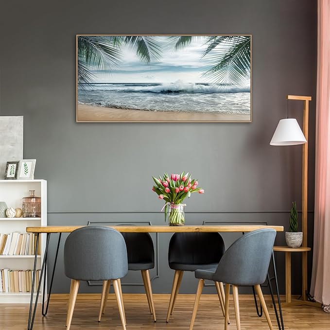 Framed Tropical Beach Wall Art - Ocean Waves Canvas Pictures Coastal Blue Sky and Sea Print Seaside Palm Tree Leaves Scene Painting Artwork Living Room Bedroom Office Home Decor 24" x 48"-Ruum Studio Home