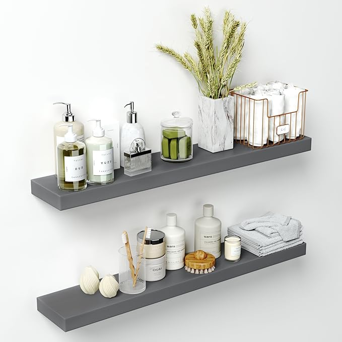 Homeforia 36 inch Gray Floating Shelves, High End Solid Real Wood 36inch Floating Shelf for Wall Mounted, Grey Wooden 36 inches Long Floating Shelves, Heavy Duty Bracket, 36 X 6.5 X 1.75 in, Set of 2-Ruum Studio Home