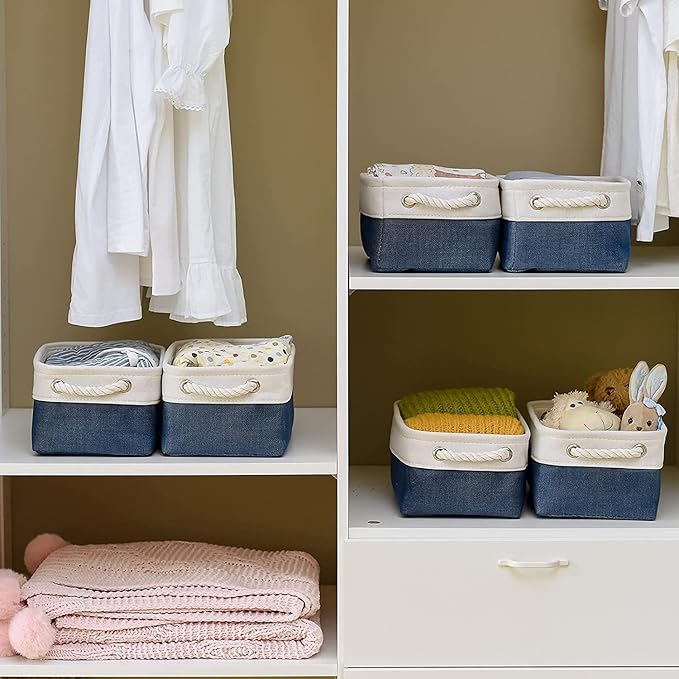 TheWarmHome Storage Bins for Shelves - 12x8x5.2 inch 1 Pack Baskets for Gifts Empty, Fabric Storage Cubes for Closet Organizing Dog Gift Cloth Toy (White & Jean Blue)-Ruum Studio Home