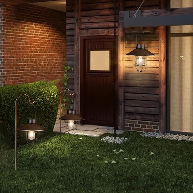 pearlstar Solar Lantern Outdoor Hanging Light Metal Farmhouse Solar Lamp with Warm White Edison Bulb Design for Garden Yard Patio Porch Decor (Brushed Copper)-Ruum Studio Home