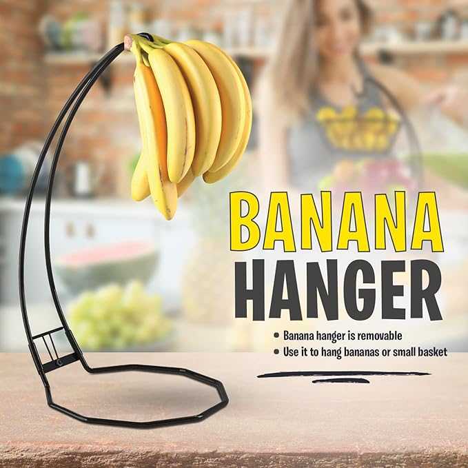 Fruit Basket with Banana Hanger and Fruit Bowl. Kitchen Counter Fruit Bowl with Banana Holder used as Bread, Vegetable or Produce Basket, Egg Holder, 2 Tier-Ruum Studio Home