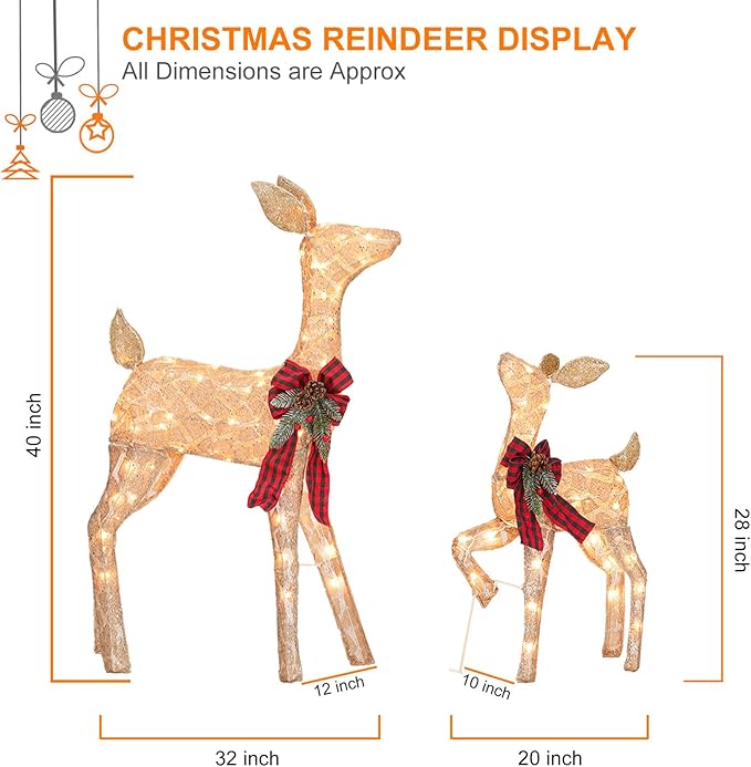 2 Pcs Reindeer Christmas Decoration, Xmas Lighted Golden Shimmering Doe and Fawn Display Set with 105 Warm White Lights for Yard Lawn Indoor Outdoor-Ruum Studio Home