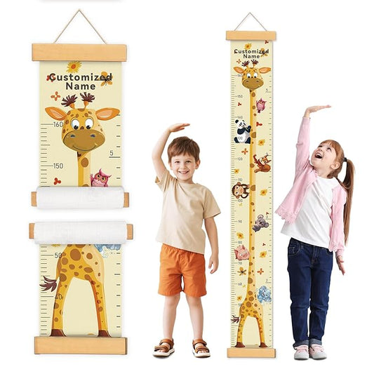 Personalized Name Growth Chart Wall Decor for Kids – Canvas Removable Height Chart Measuring Ruler 59" x 7.9" (Giraffes)-Ruum Studio Home