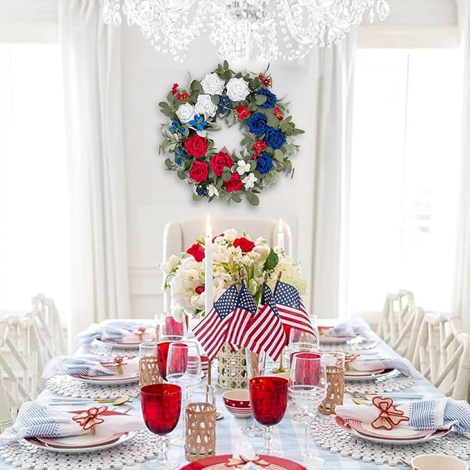 WANNA-CUL Patriotic Wreath Decorations, 24 Inch Rose 4th of July Wreaths for Front Door, Red White Blue Spring Door Wreath for Independence Day, Memorial Day for Indoor Outdoor Decor-Ruum Studio Home