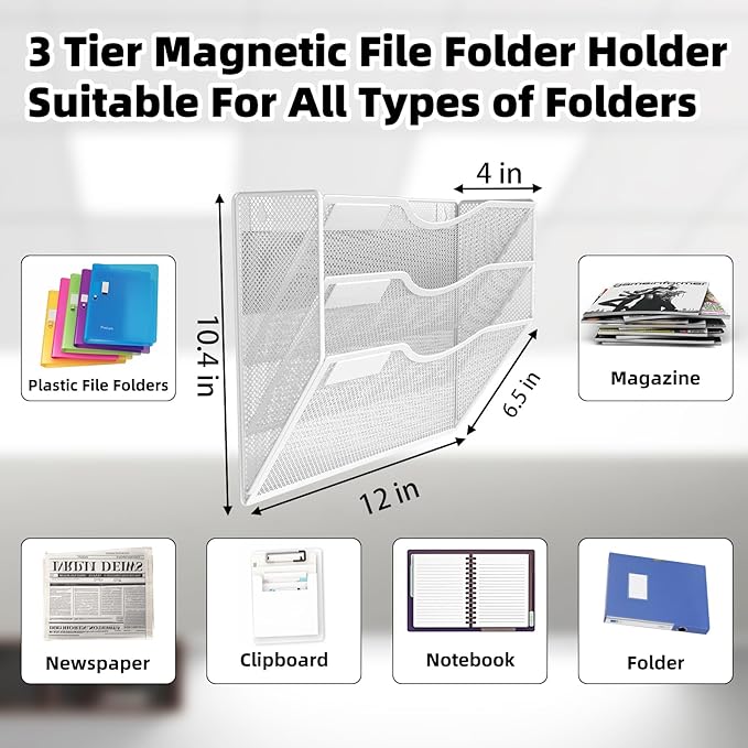 3-Tier Magnetic File Holder, No Drilling Installation File Cabinet Organizer, White Magnetic File Organizer, Magazine Rack, Magnetic Paper Holder for Refrigerator, File Cabinets,White-Ruum Studio Home