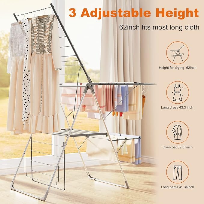 Bigzzia Clothes Drying Rack Foldable, 2-Level Large Laundry Drying Rack Collapsible, Stainless Steel Drying Rack Clothing for Indoor Outdoor, Easy to Fold, 33 Drying Rails, 142cm, Gray-Ruum Studio Home
