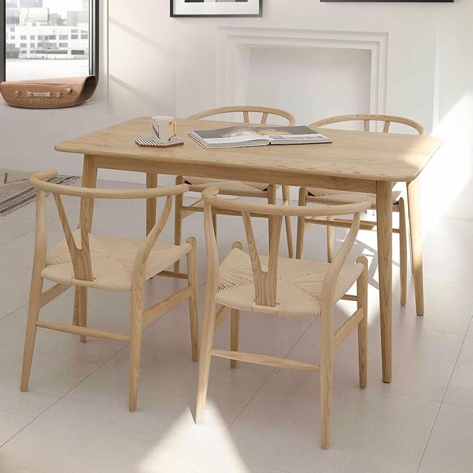 Wishbone Chair Natural Solid Wood Dining Chair/Hans Vegner Y Chair Rattan and Wood Accent Armrest Chairs (Ash Wood + Natural Color)-Ruum Studio Home
