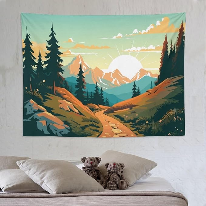 HZOHNAGO Mountain Tapestry Forest Mountain Sunrise Road Pattern Printed Wall Tapestry Wall Hanging for Bedroom Living Room Dorm 80" W x 60" H-Ruum Studio Home