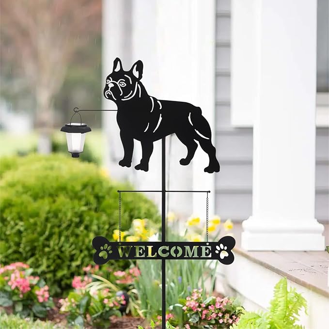 BAYN Solar French Bulldog Silhouette Dog Breed Welcome Sign with a Lantern Outdoor Decorative Garden Stakes for Yard, Lawn, Patio, Pathway-Ruum Studio Home