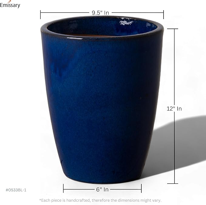 Emissary Bullet 9.5 in. Blue Ceramic Round Planter (9.5 in. L x 9.5 in. W x 12 in. H) with Drainage Hole-Ruum Studio Home