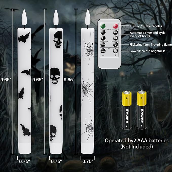 GenSwin Flameless Taper Candles with Remote Timer, 6Pcs LED Flickering Taper Candles Battery Operated Real Wax with Spider Webs/Skull/Bats Decals for Halloween Spooky Decoration (White, 0.78”x9.65”)-Ruum Studio Home